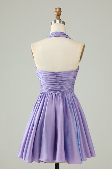 Purple Halter Open Back Sleeveless A Line Short Formal Dress